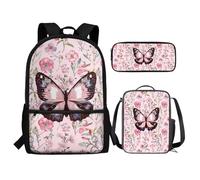 Renewold Set di 3 zaini per la scuola, con portapranzo, astuccio per matite e ragazze, per bambini dai 6 ai 18 anni, portatile, multifunzionale, farfalla rosa, Taglia unica, Zaino casual