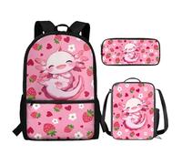Renewold Set di 3 zaini per la scuola, con portapranzo, astuccio per matite e ragazze, per bambini dai 6 ai 18 anni, portatile, multifunzionale, Axolotl alla fragola, Taglia unica, Zaino casual