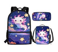 Renewold Set di 3 zaini per la scuola, con portapranzo, astuccio per matite e ragazze, per bambini dai 6 ai 18 anni, portatile, multifunzionale, Carino Axolotl, Taglia unica, Zaino casual