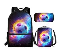 Renewold Set di 3 zaini per la scuola, con portapranzo, astuccio per matite e ragazze, per bambini dai 6 ai 18 anni, portatile, multifunzionale, Calcio Moda, Taglia unica, Zaino casual