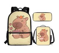 Renewold Set di 3 zaini per la scuola, con portapranzo, astuccio per matite e ragazze, per bambini dai 6 ai 18 anni, portatile, multifunzionale, Carino Kapybara, Taglia unica, Zaino casual