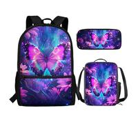 Renewold Set di 3 zaini per la scuola, con portapranzo, astuccio per matite e ragazze, per bambini dai 6 ai 18 anni, portatile, multifunzionale, farfalla viola, Taglia unica, Zaino casual