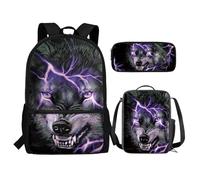 Renewold Set di 3 zaini per la scuola, con portapranzo, astuccio per matite e ragazze, per bambini dai 6 ai 18 anni, portatile, multifunzionale, Lupo, Taglia unica, Zaino casual