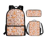 Renewold Set di 3 zaini per la scuola, con portapranzo, astuccio per matite e ragazze, per bambini dai 6 ai 18 anni, portatile, multifunzionale, Corgi carino., Taglia unica, Zaino casual