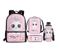 Renewold Set di 4 pezzi zaino per bambini borsa termica per il pranzo penna astuccio per bottiglia d'acqua manica per il rientro a scuola forniture, Ciao Gatto, Taglia unica, Zaini Daypack