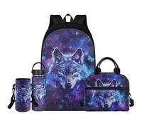 Renewold Set di 4 zaini per la scuola con borraccia, borsa termica portatile, porta bottiglia d'acqua con tracolla, zaini per bambini dai 6 ai 18 anni, Lupo viola., Taglia unica, Zaino casual