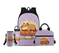 Renewold Set di 4 zaini per la scuola con borraccia, borsa termica portatile, porta bottiglia d'acqua con tracolla, zaini per bambini dai 6 ai 18 anni, Carino Capibara, Taglia unica, Zaino casual