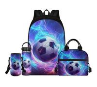 Renewold Set di 4 zaini per la scuola con borraccia, borsa termica portatile, porta bottiglia d'acqua con tracolla, zaini per bambini dai 6 ai 18 anni, Calcio, Taglia unica, Zaino casual