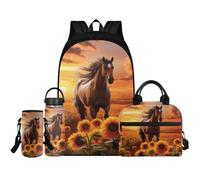 Renewold Set di 4 zaini per la scuola con borraccia, borsa termica portatile, porta bottiglia d'acqua con tracolla, zaini per bambini dai 6 ai 18 anni, Cavallo di girasole, Taglia unica, Zaino casual