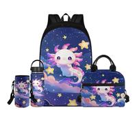 Renewold Set di 4 zaini per la scuola con borraccia, borsa termica portatile, porta bottiglia d'acqua con tracolla, zaini per bambini dai 6 ai 18 anni, Axolotl Viola, Taglia unica, Zaino casual