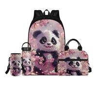 Renewold Set di 4 zaini per la scuola con borraccia, borsa termica portatile, porta bottiglia d'acqua con tracolla, zaini per bambini dai 6 ai 18 anni, Simpatico panda, Taglia unica, Zaino casual