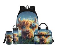 Renewold Set di 4 zaini per la scuola con borraccia, borsa termica portatile, porta bottiglia d'acqua con tracolla, zaini per bambini dai 6 ai 18 anni, Mucca delle Highland, Taglia unica, Zaino casual
