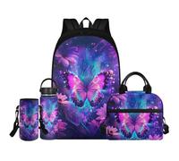 Renewold Set di 4 zaini per la scuola con borraccia, borsa termica portatile, porta bottiglia d'acqua con tracolla, zaini per bambini dai 6 ai 18 anni, farfalla viola, Taglia unica, Zaino casual