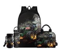 Renewold Set di 4 zaini per la scuola con borraccia, borsa termica portatile, porta bottiglia d'acqua con tracolla, zaini per bambini dai 6 ai 18 anni, Trattore Moda, Taglia unica, Zaino casual