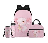 Renewold Simpatico set da scuola Axolotl 4 pezzi bottiglia d'acqua isolata borsa per il pranzo portatile porta bottiglia d'acqua con tracolla zaini per ragazze età 6-18 sport bookbag zaino, Carino