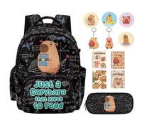 Renewold Zaino Capybara per bambini con astuccio per quaderni, badge, portachiavi, 12 pezzi, zaino per la scuola per ragazze, Solo un Capibara che ama leggere, Zaini Daypack