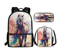 Renewold Zaino per bambini, borsa termica per il pranzo, portapenne, astuccio 3 in 1, set di borse per la scuola, forniture per il rientro a scuola, Cavallo d'arte, Taglia unica, Zaini Daypack