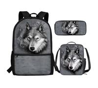 Renewold Zaino per bambini, borsa termica per il pranzo, portapenne, astuccio 3 in 1, set di borse per la scuola, forniture per il rientro a scuola, Lupo grigio, Taglia unica, Zaino daypack