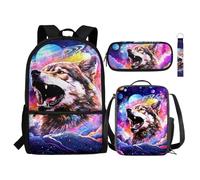 Renewold Zaino per bambini, borsa termica per il pranzo, portapenne, astuccio da polso con cordino e portachiavi, set 4 in 1 per il rientro a scuola, Galassia Planet Wolf, Taglia unica, Zaini Daypack