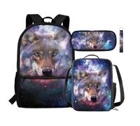 Renewold Zaino per bambini, borsa termica per il pranzo, portapenne, astuccio da polso con cordino e portachiavi, set 4 in 1 per il rientro a scuola, Galaxy Wolf, Taglia unica, Zaini Daypack