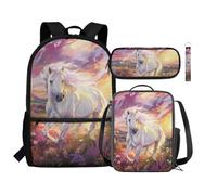 Renewold Zaino per bambini, borsa termica per il pranzo, portapenne, astuccio da polso con cordino e portachiavi, set 4 in 1 per il rientro a scuola, Cavallo d'arte, Taglia unica, Zaini Daypack