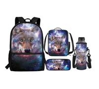 Renewold Zaino per bambini, borsa termica per il pranzo, portapenne, astuccio per bottiglia d'acqua, set 4 in 1 per il rientro a scuola, Galaxy Wolf, Taglia unica, Zaini Daypack
