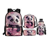 Renewold Zaino per bambini, borsa termica per il pranzo, portapenne, astuccio per bottiglia d'acqua, set 4 in 1 per il rientro a scuola, Fiori di ciliegio Panda, Taglia unica, Zaini Daypack