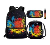 Renewold Zaino per ragazzi con portapranzo e astuccio portachiavi 4 in 1 stampa palla per bambini borsa per la scuola set borsa per il pranzo borsa libro borsa combo, Basket novità