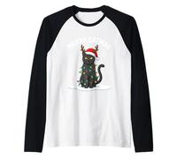 Renna Gatto Nero luci di Natale Divertente Gatto Pigiama Babbo Natale Maglia con Maniche Raglan