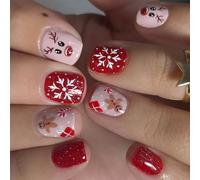 Renna Stick On Nails Breve Piazza Unghie Finte Con Pan di Zenzero Uomo Disegni Natale Press On Nails Per L'inverno
