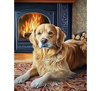 Renqidian Kit Punto Croce Principianti Golden Retriever intorno al camino Fai da Te Cucito A Mano Punto Croce Imposta Kits Ricamo (11CT Tela Prestampata) 40X50 cm