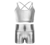 renvena Bambina Ragazza Abito da Ballo Jazz Danza Moterna Crop Top Metallizzato Lucido Reggiseno Sportivo + Pantaloncini Pantaloni Corti Tuta da Ginnastica Argento 15-16 Anni
