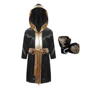 renvena Bambini Ragazzi Costume Pugile Campione del Mondo Accappatoio Boxe Cappotto da Pugile con Cappuccio + Guanti Allenamento Sparing Muay Thai Kickboxing Nero 9-10 anni