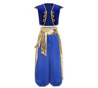 renvena Bambino Abito Principe Arabo Oriente Sultano Costumi Carnevale Halloween Gilet+Pantaloni Set Costume Genio della Lampada Cosplay Travestimenti Gioco di Ruolo Blu reale D 13-14 anni