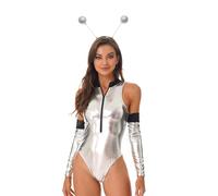 renvena Costume da Alieno da Donna Tuta Intera Astronauta Body da Danza Classica Moderna Effetto Bagnato Lucido Metallico Costume Fever da Cadetta dello Spazio Argento M