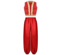 renvena Costume da Genio Bambini Abito Principe d' Arabia Gilet in Raso + Pantaloni Bloomers Costume Aladino Costumi in Maschera Cosplay Carnevale Halloween Rosso A 7-8 anni