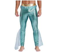 renvena Costume da Nettuno Dio dei Mari Uomo Costume da Poseidone Re dei Mari Pantaloni Lucidi con Volant Leggings Sirena Costumi di Carnevale Gioco di Ruolo Menta Verde S