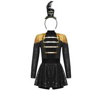 renvena Costume Direttore di Circo Bambina Paillettes Leotard da Domatrice Circo Body Danza Balletto Frac da Parata Uniforme da Guardia Festa di Carnevale D Nero 7-8 anni