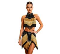 renvena Donna Salsa E Cha Cha Top Corto Senza Schiena E Gonna Gradini con Pennacchi Abbigliamento La Danza Salsa Latina Frangiato Flamenco Nero S