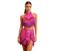 renvena Donna Salsa E Cha Cha Top Corto Senza Schiena E Gonna Gradini con Pennacchi Abbigliamento La Danza Salsa Latina Frangiato Flamenco Rosa Scuro L