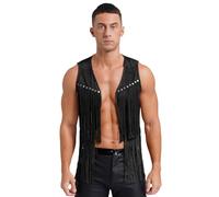 renvena Giacca Western Uomo Gilet da Hippie Senza Manica Gilet con Frange Effetto Camoscio Costume da Cowboy Occidentale Indiano Cardigan Cosplay Travestimento Nero L