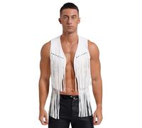 renvena Giacca Western Uomo Gilet da Hippie Senza Manica Gilet con Frange Effetto Camoscio Costume da Cowboy Occidentale Indiano Cardigan Cosplay Travestimento Bianco L