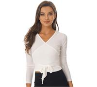 renvena Maglioncino da Balletto Scaldacuore per Donna Giacca Danza Classica Maglia a Incrocio Cardigan Scollo a V Crop Top Ginnastica Fitness Yoga Corsa Danza Avorio L