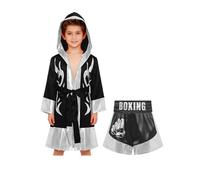 renvena Muay Thai Boxe Accappatoio con Cappuccio per MMA Kickboxing Bambini Ragazzi Pantaloncini Abbigliamento Training Cage Fighting Grappling Arti Marziali Nero Argento C 11-12 anni