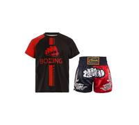 renvena Set 2 Pezzi Uniforme Pugilato Bimbini Maglietta Divertente da Boxe con Scritta Boxing Tshirt + Pantaloncino Kick-Thai Muay Thai Arti Marziali Nero 9-10 anni