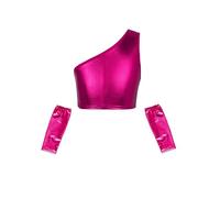 renvena Top Senza Maniche Metallizzate Bambina Raggiseno Lucido da Danza del Vendre Canotta Monospalla Maglietta Danza Moderno Jazz Hip-Hop con Guanti Lunghi Rosa Caldo 4-6 Anni