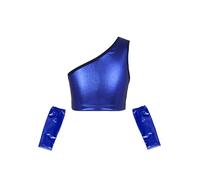 renvena Top Senza Maniche Metallizzate Bambina Raggiseno Lucido da Danza del Vendre Canotta Monospalla Maglietta Danza Moderno Jazz Hip-Hop con Guanti Lunghi Blu Reale 12-14 Anni