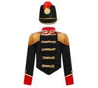 renvena Uniforme da Soldato Giocattolo per Bambini Costume da Schiaccianoci per Ragazzi Giacca da Domatore Circo Cappotto da Showman con Nappa e Cappello Nero A 15-16 anni