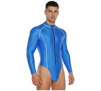 renvena Uomo Tuta Intera a Manica Lunga Body Lucido in Nylon Body da Ginnastica Artistica Bodysuit Triathlon Wrestling Salopette Corta Costume da Bagno Intero Blu reale XL