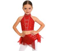 renvena Vestito da Ballo Latino Americano Bambina Strass Crop Top Danza Classica Moterna Canotta e Gonna con Piume Abito da Ballo Lirico Contemporaneo Rosso 15-16 Anni